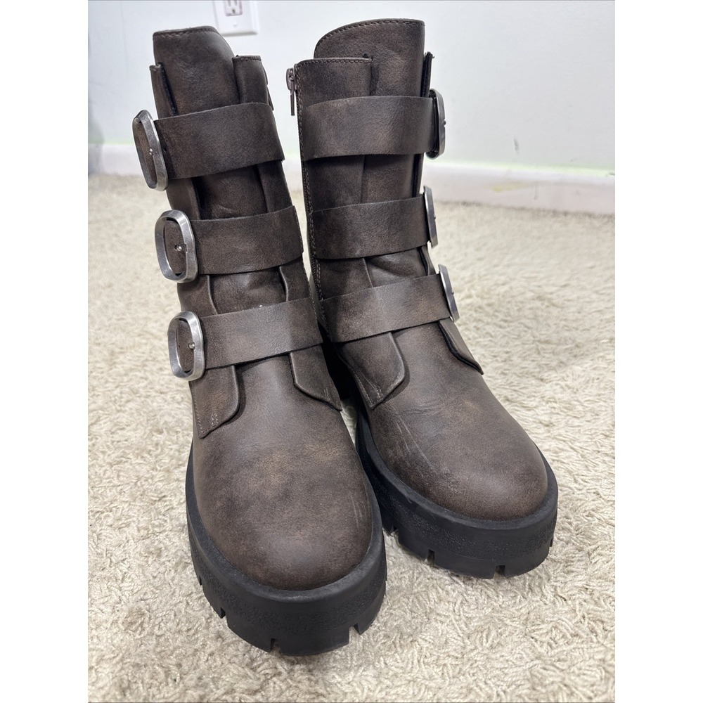 Madden NYC Brown Faux Leather Buckle Up Combat Boots Womens 10M Moto Rock Grunge - Picture 5 of 14